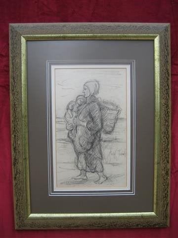Jozef Israëls vrouw met kind aan het strand 1824 - 1911, Ophalen of Verzenden, Tekening, Potloodtekening, Handgemaakt