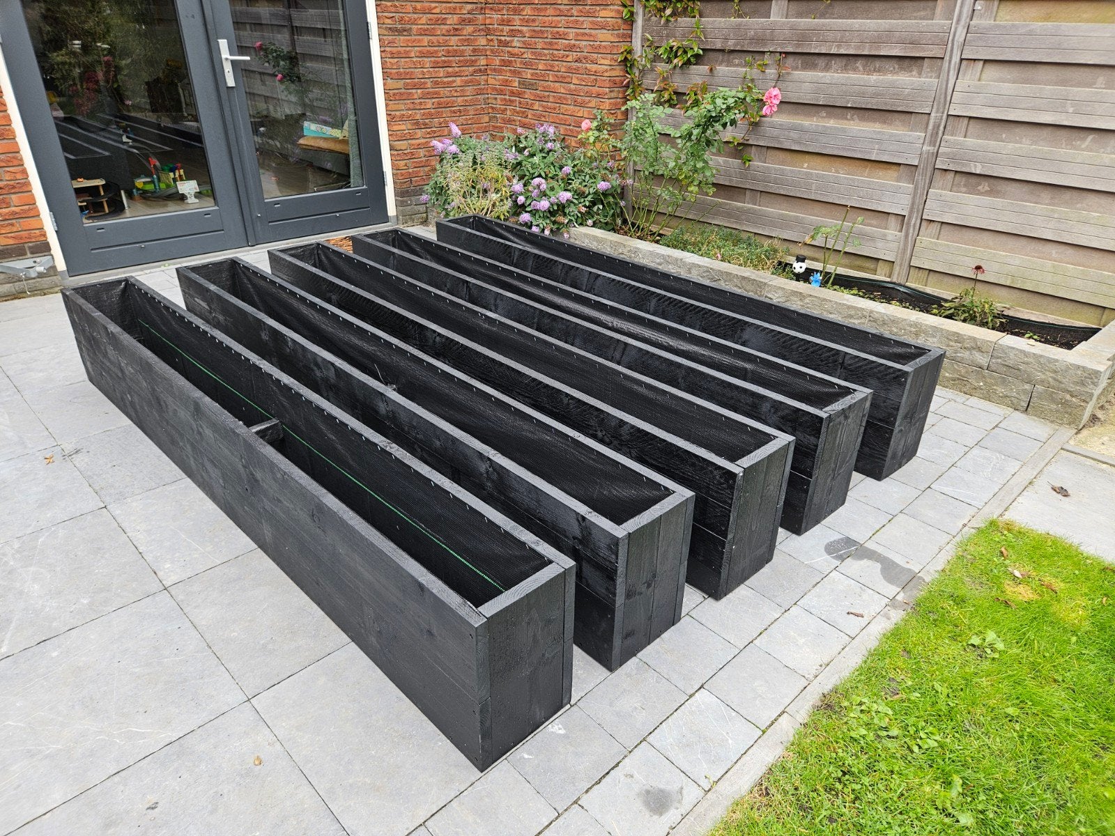 Terrasafscheiding met steigerhouten bloembakken, zie foto's, Ophalen, 100 cm of meer, Nieuw, Rechthoekig