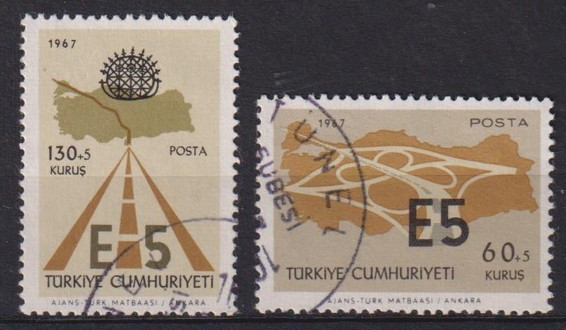 Turkije 1967 Opening Snelweg E-5 verkeersplein, Postzegels en Munten, Postzegels | Thematische zegels, Gestempeld, Overige thema's
