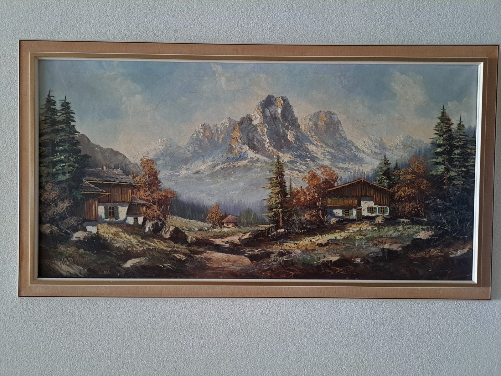 Schilderij berglandschap met huizen, gesigneerd, Doek, Realistisch, Ophalen of Verzenden, Landschap