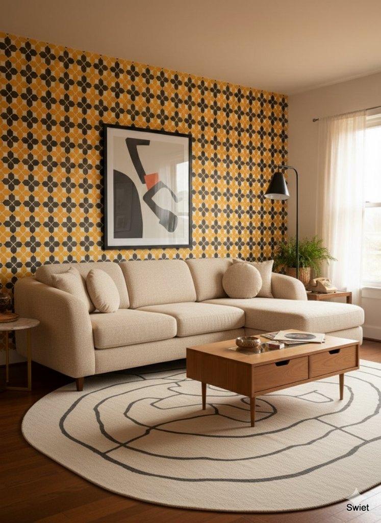 14105 retro oranje zwart grafisch behang vintage swiet, Verzenden, Oranje