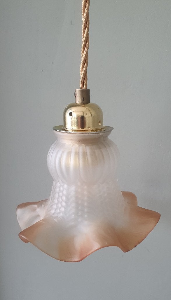 Antieke Glazen Hanglamp. Floraal / Bloemvorm in Frosted glas, Zo goed als nieuw, Glas, E27 (groot), #VintageLamp #ArtNouveau #Klassiek #Hanglamp #Antiek
