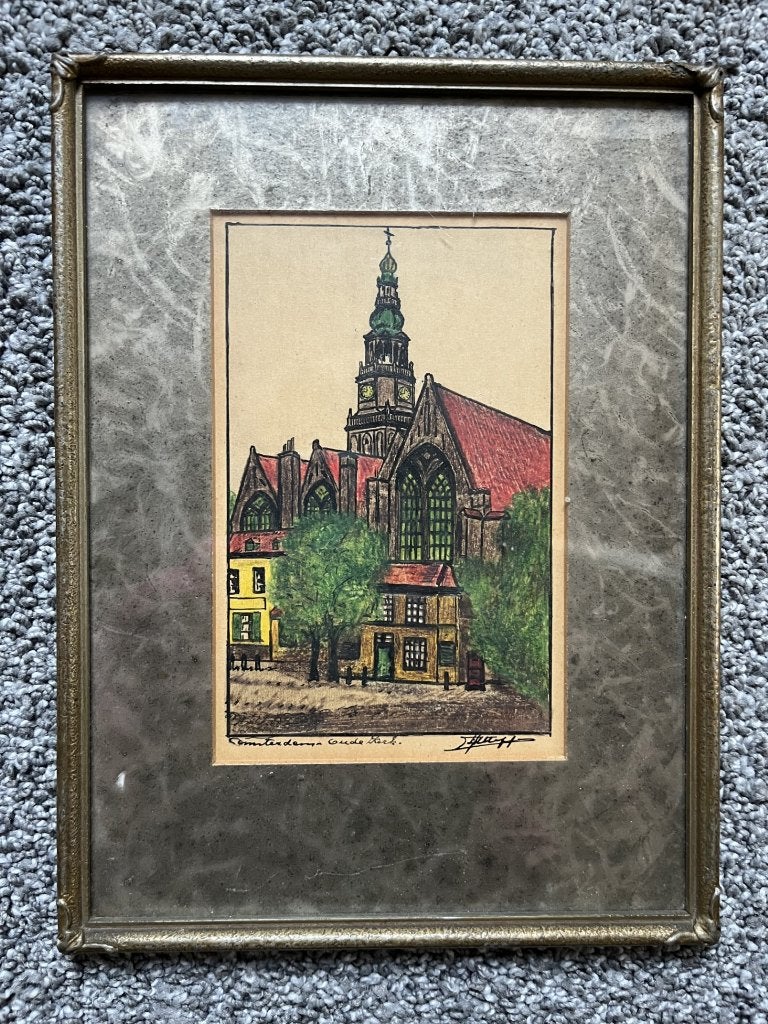 Ingekleurde ets, Oude kerk Amsterdam, Antiek en Kunst, Ophalen of Verzenden, Klassiek, Achter glas, Pastel