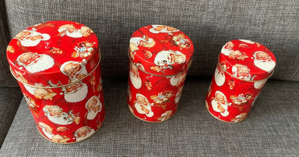 3 Kerst blikken met Kerstmannen (passen in elkaar), Ophalen of Verzenden, Gebruikt