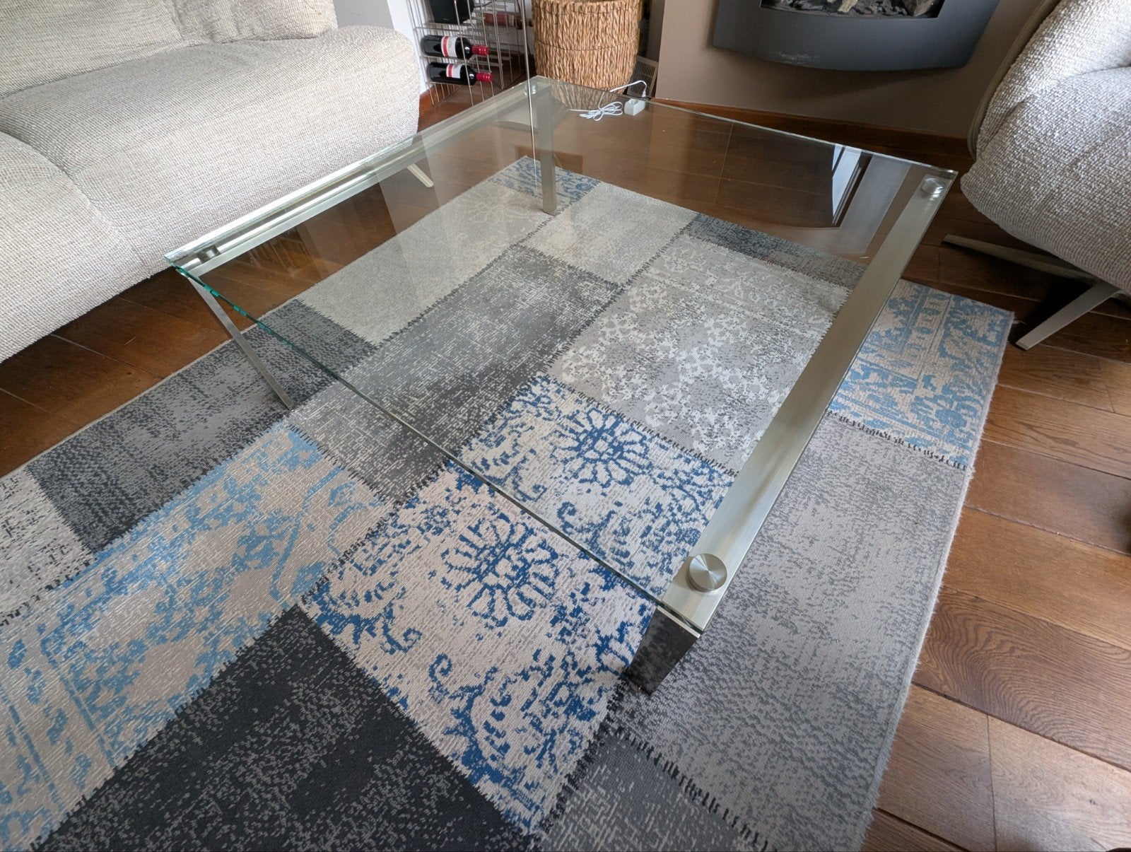 DERBY SALONTAFEL, GEBORSTELD NIKKEL EN GLASPLAAT 15mm, Huis en Inrichting, Ophalen, 50 tot 100 cm, Design Derby Salontafel, Vierkant