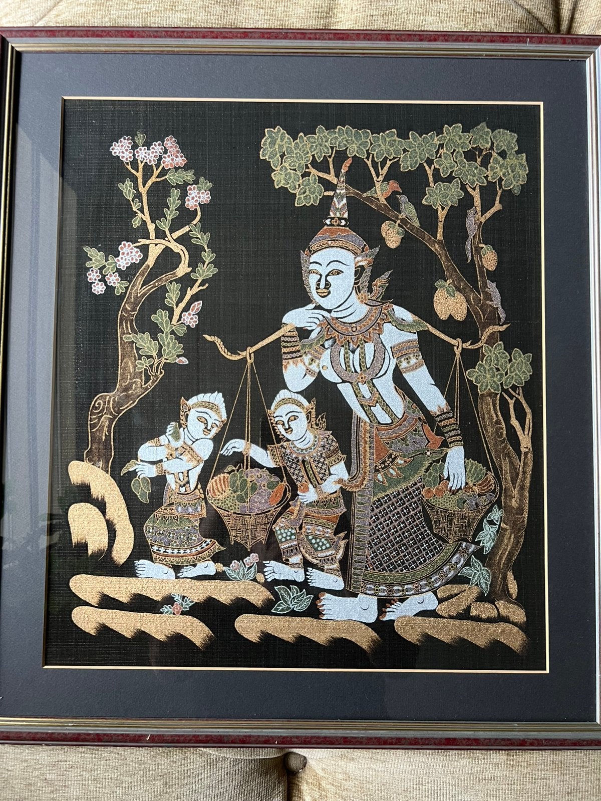 Vintage Zijde Schildering Handgemaakt Thailand Jaren '60., Geschilderd, 63 cm, Ophalen of Verzenden, Indonesië