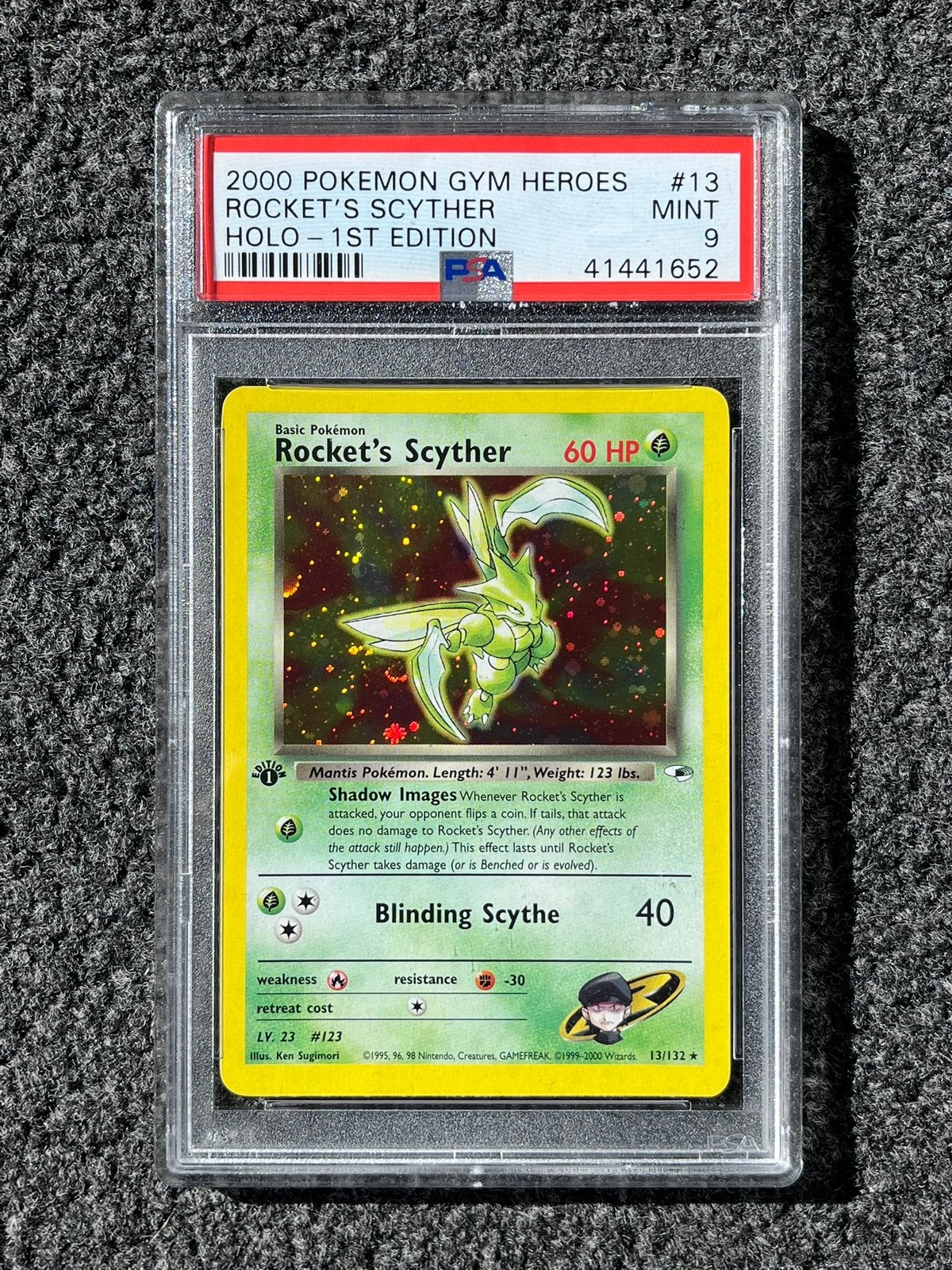 Pokémon PSA 9 1st ed. Rocket’s Scyther holo #13 Gym Heroes, Hobby en Vrije tijd, Ophalen of Verzenden, Zo goed als nieuw, Losse kaart