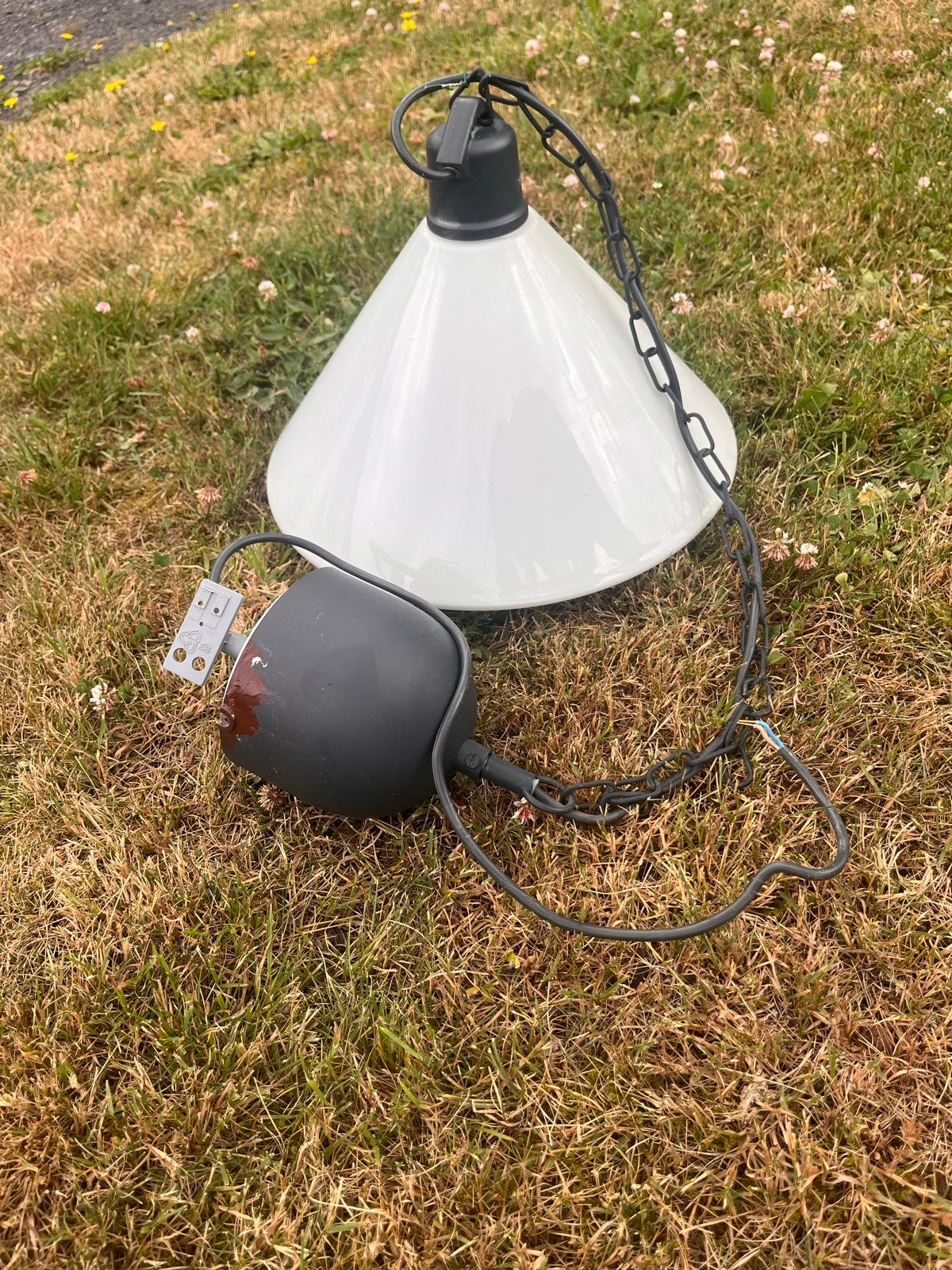 Vintage Hanglamp - Wit Glas en Zwart Metaal, Ophalen, Gebruikt, Glas, E27 (groot)