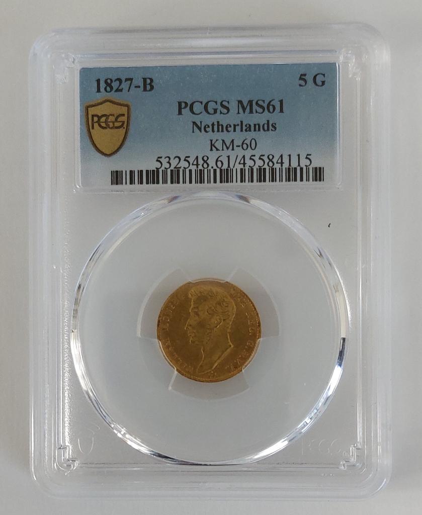 Schaars gouden vijfje 1827 Br Willem 1 in slab PCGS MS61, 5 gulden, Koning Willem I, Losse munt, Goud