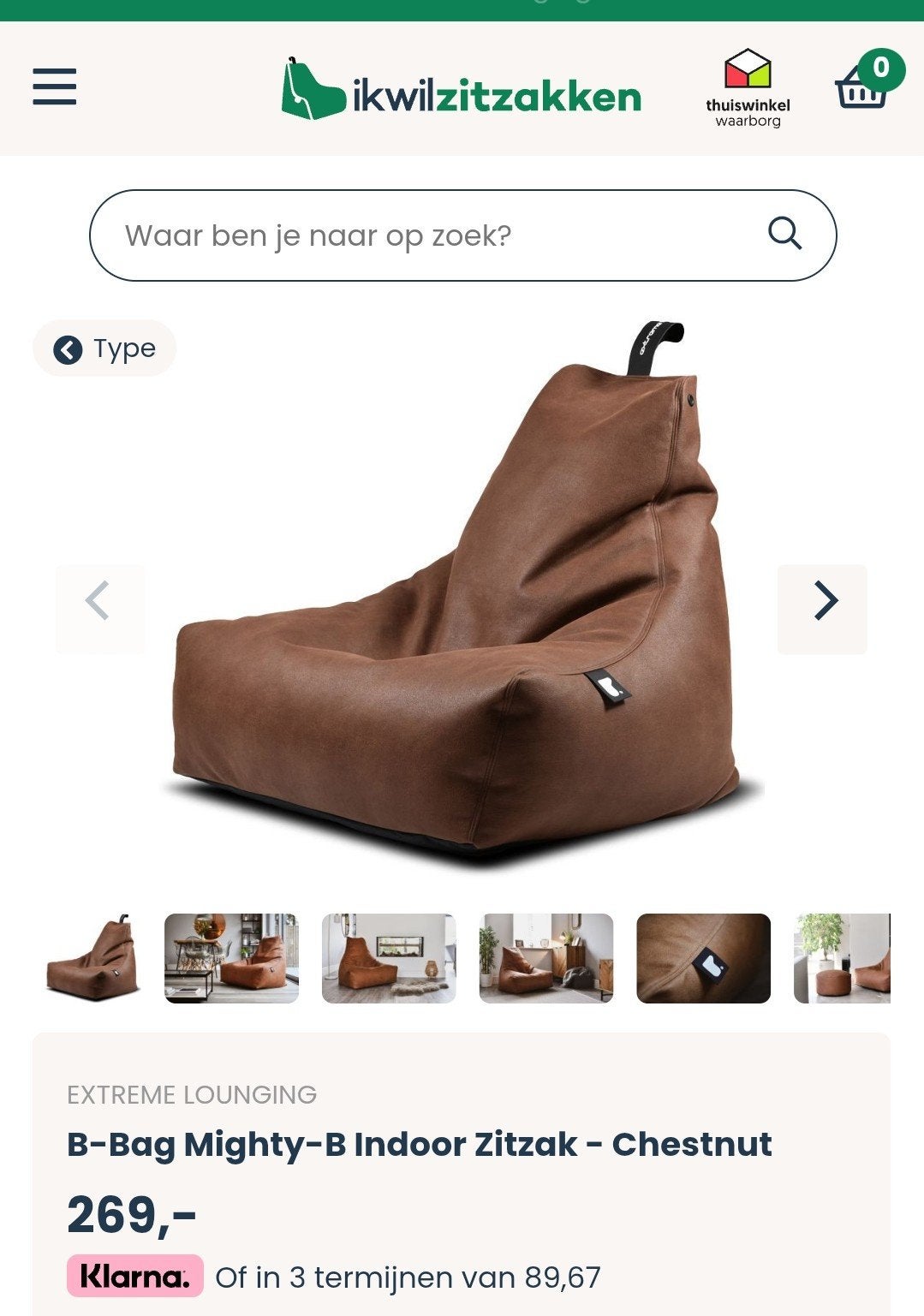 Extreme Lounging B-Bag Mighty-B Indoor Zitzak - Chestnut, Huis en Inrichting, Zitzakken, Ophalen, Zo goed als nieuw, Bruin, Zitzak