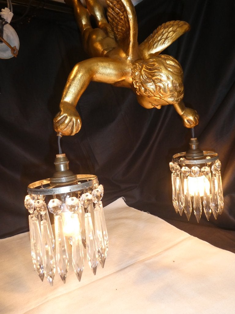 Vintage engellamp met kristallen druppels, Gebruikt, Ophalen of Verzenden, Minder dan 50 cm, Vintage