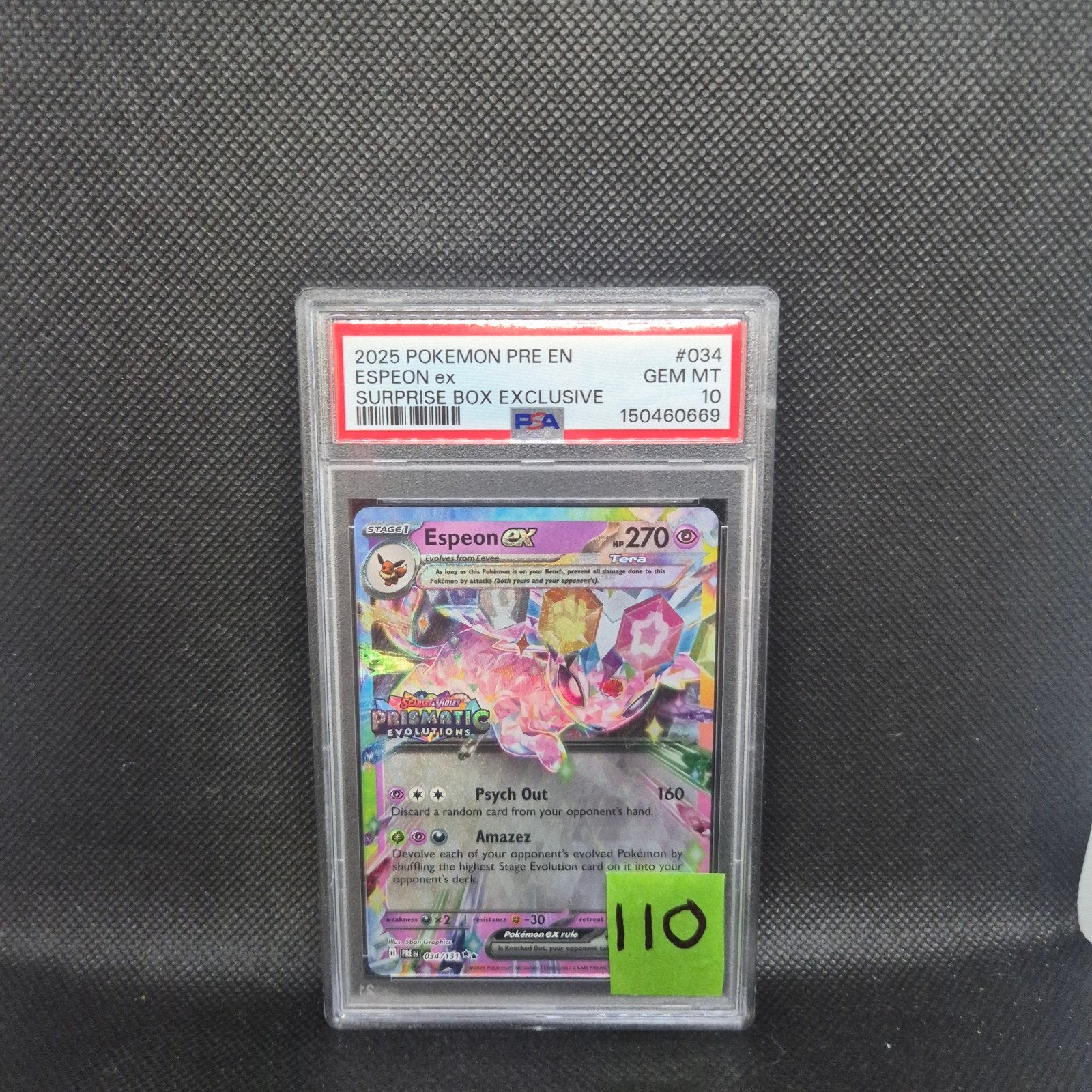 Espeon Ex Prismatic Evolutions PSA 10, Hobby en Vrije tijd, Verzamelkaartspellen | Pokémon, Ophalen of Verzenden, Zo goed als nieuw