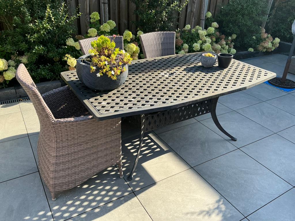 Mooie stevige bronskleurige aluminium tuintafel 183x107x72, Tuin en Terras, Tuintafels, Ophalen, Gebruikt, Rechthoekig, Aluminium