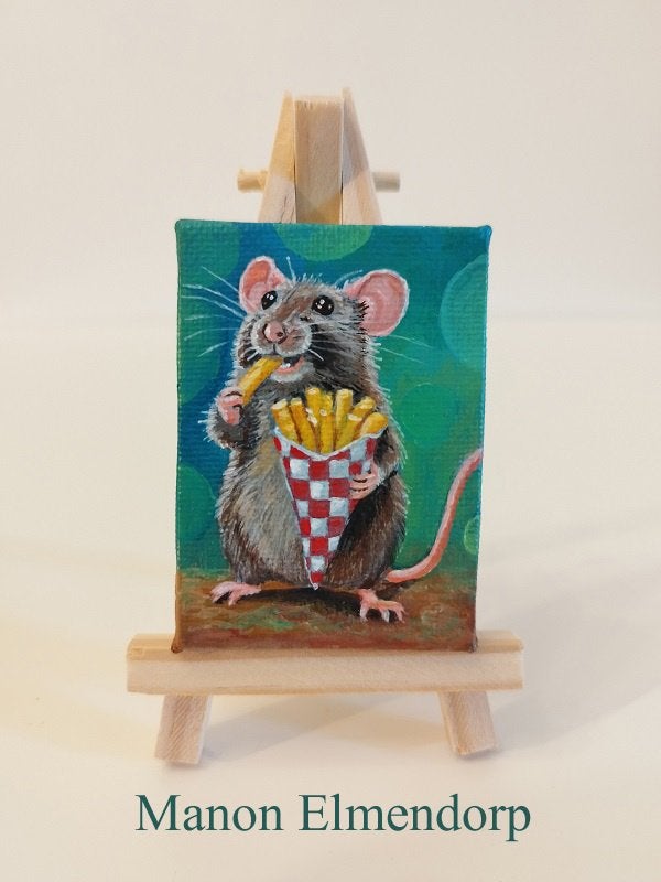 Uniek Handgeschilderd Schilderijtje: Muisje met Frietjes, Acrylverf, Gelakt/vernis, Ophalen of Verzenden, Dieren