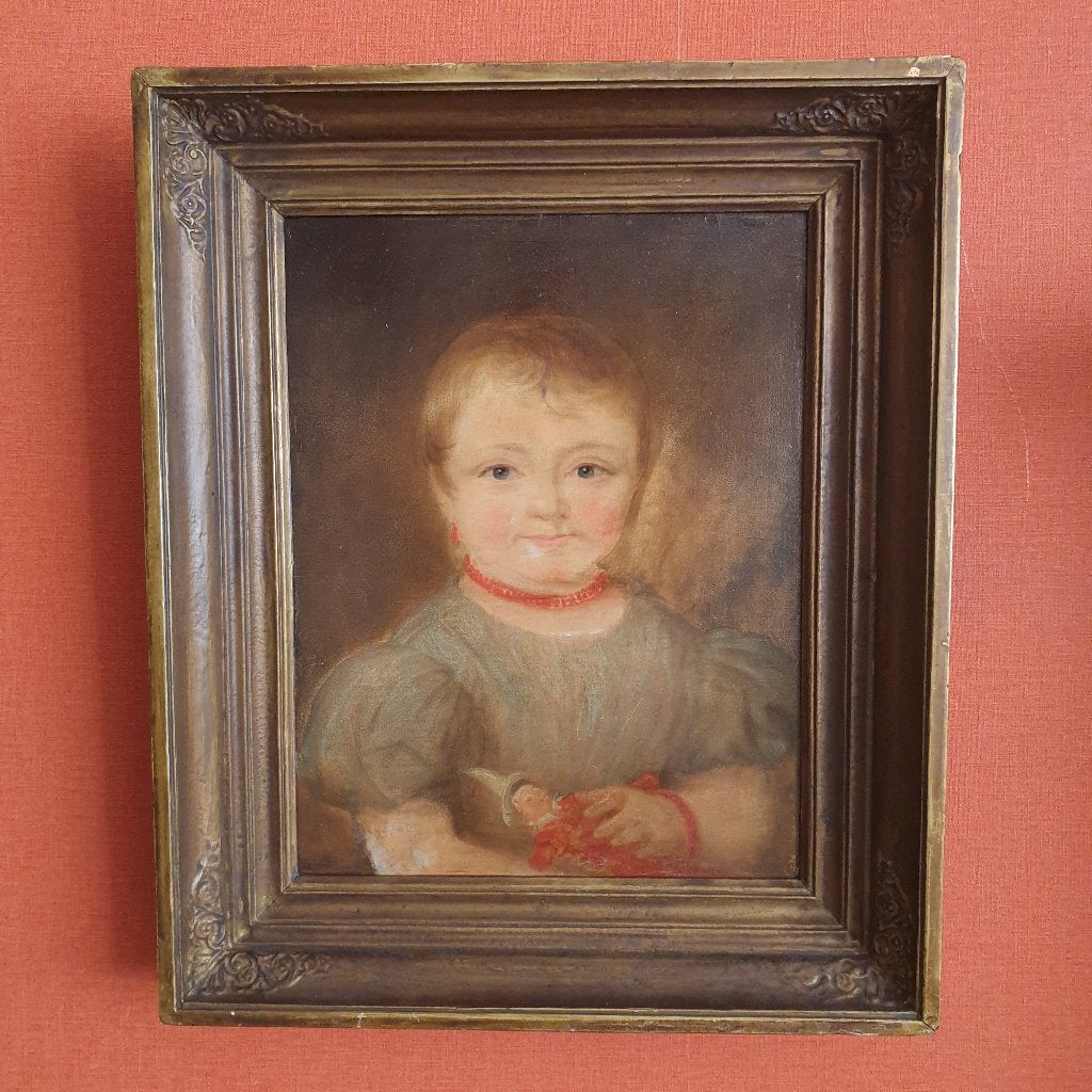 Antieke ca.19e eeuw schilderij - jong kind portrait, Antiek en Kunst, Kunst | Schilderijen | Klassiek, Paneel, Portret of Personen