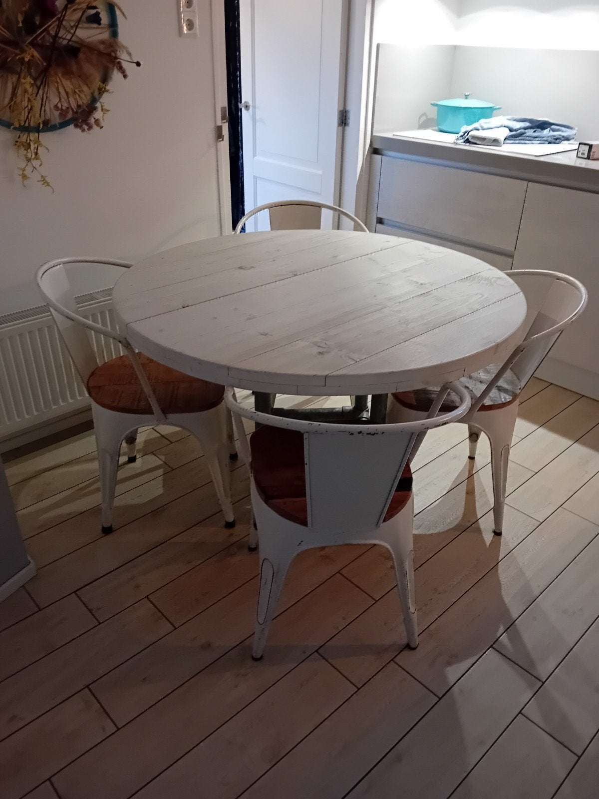 Steigerhouten keukentafel met industriële stoelen, Ophalen, Gebruikt, 50 tot 100 cm, 100 tot 150 cm