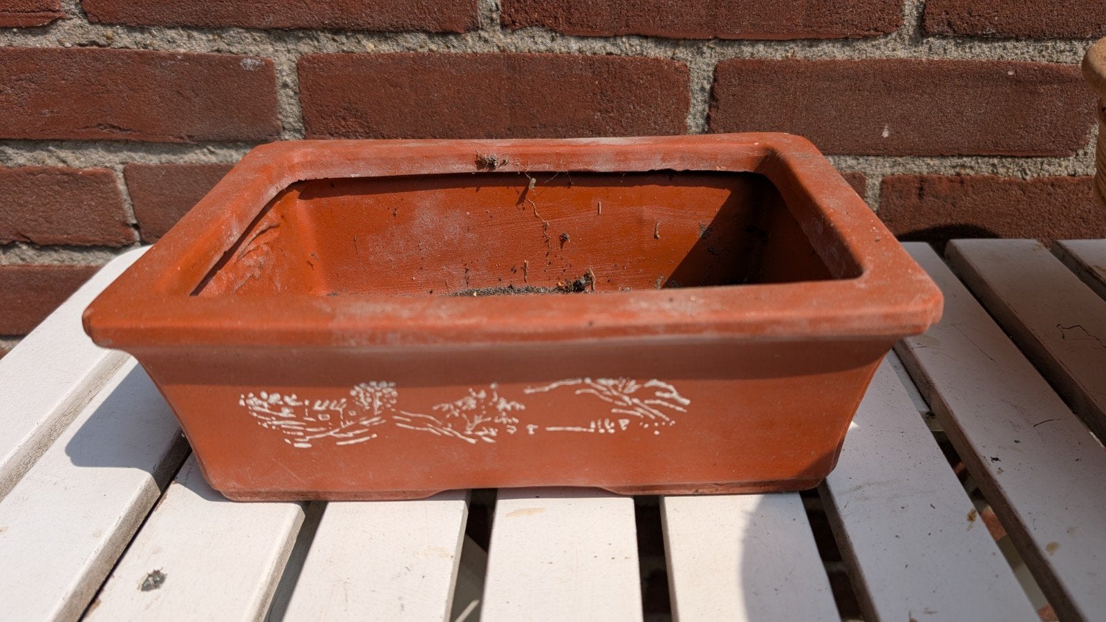 Gebruikte terracotta bonsai schaal met decoratie, Ophalen, Overige materialen, Gebruikt, Minder dan 30 cm
