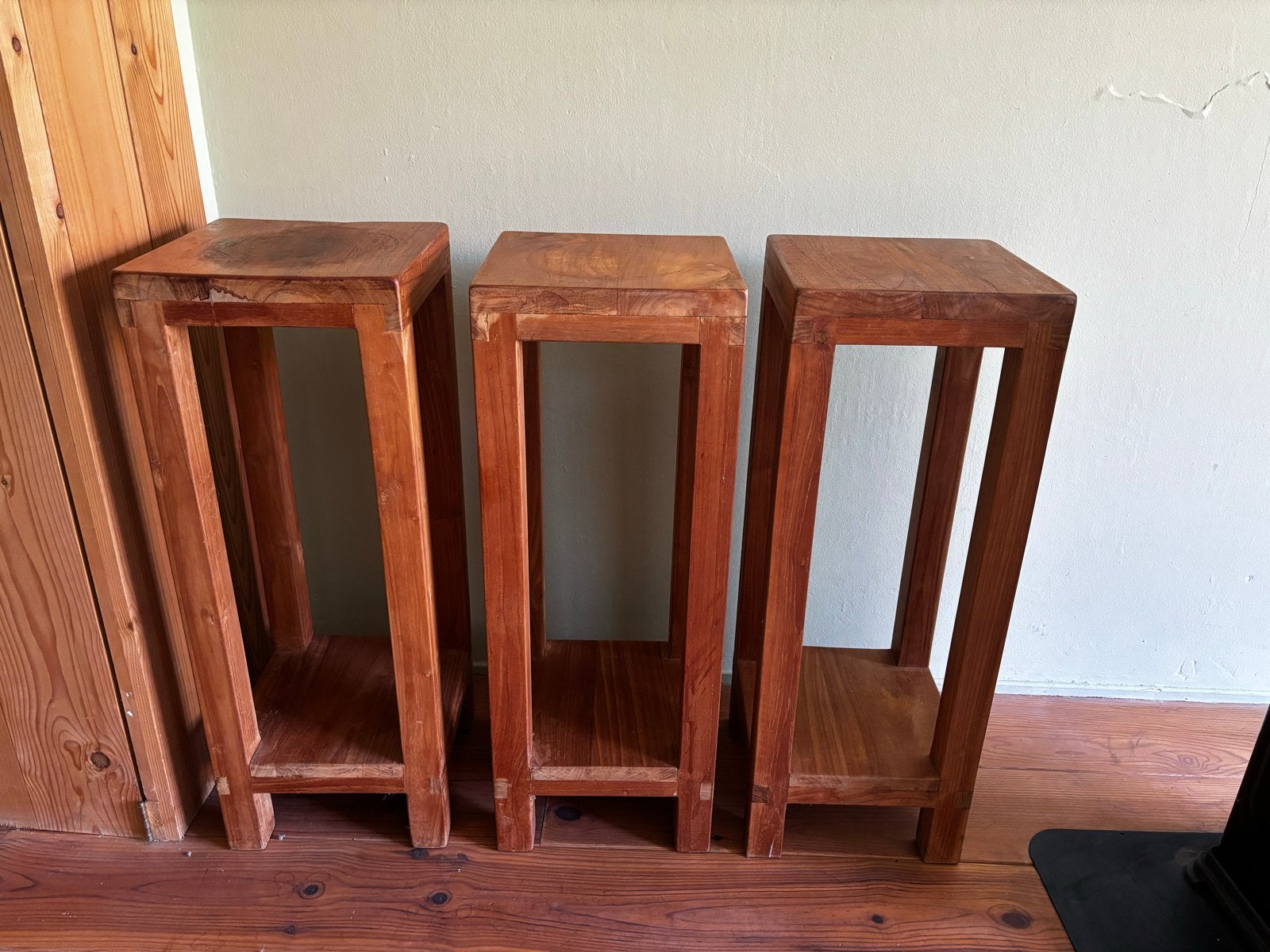 Set van 3 Teakhouten Plantenstandaards H80xB30x30, Ophalen, Minder dan 55 cm, Gebruikt, Vierkant