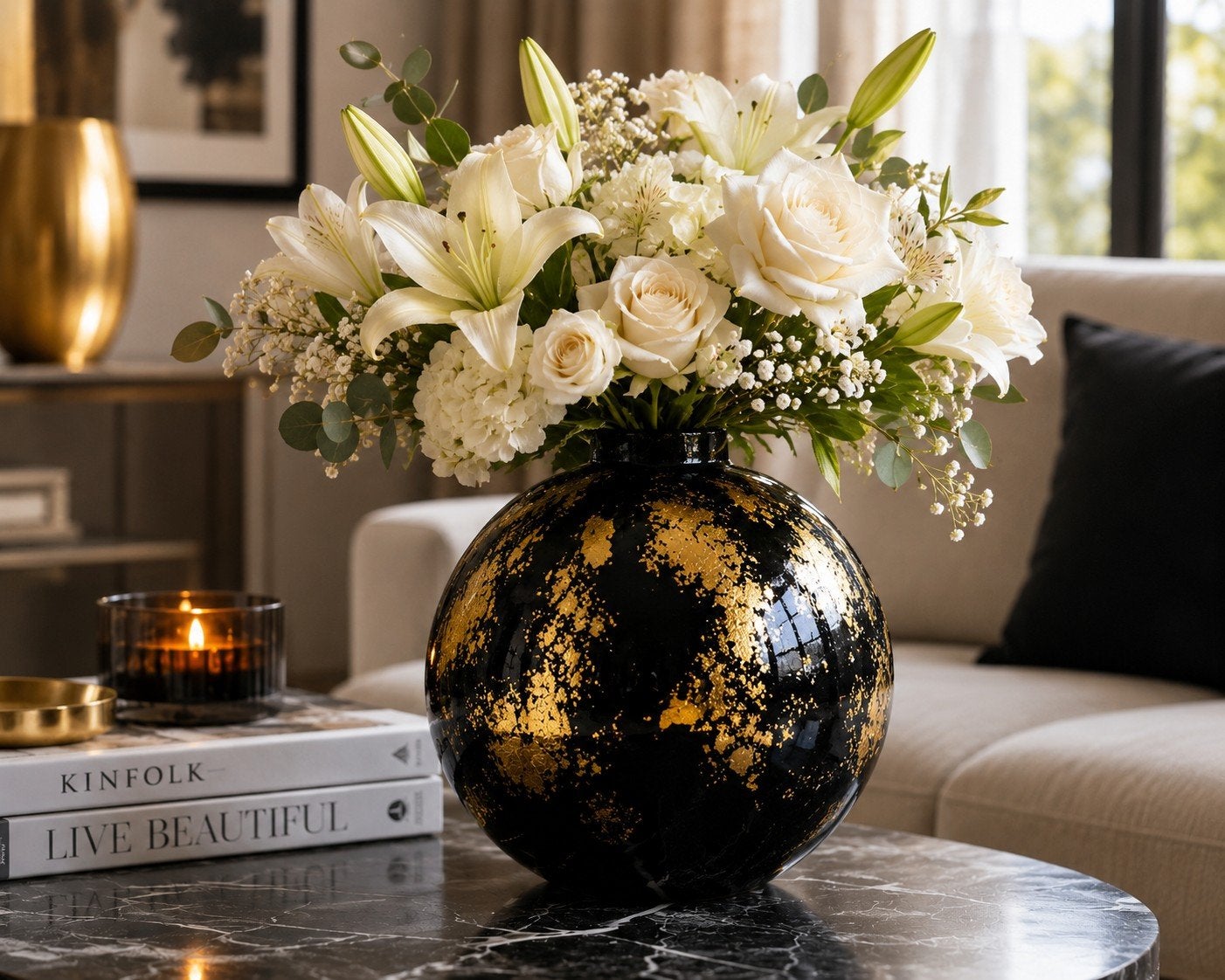Moderne Zwarte Vaas met Gouden Accent - Rond Design, Ophalen, Zwart, Aardewerk of Porselein, Zo goed als nieuw