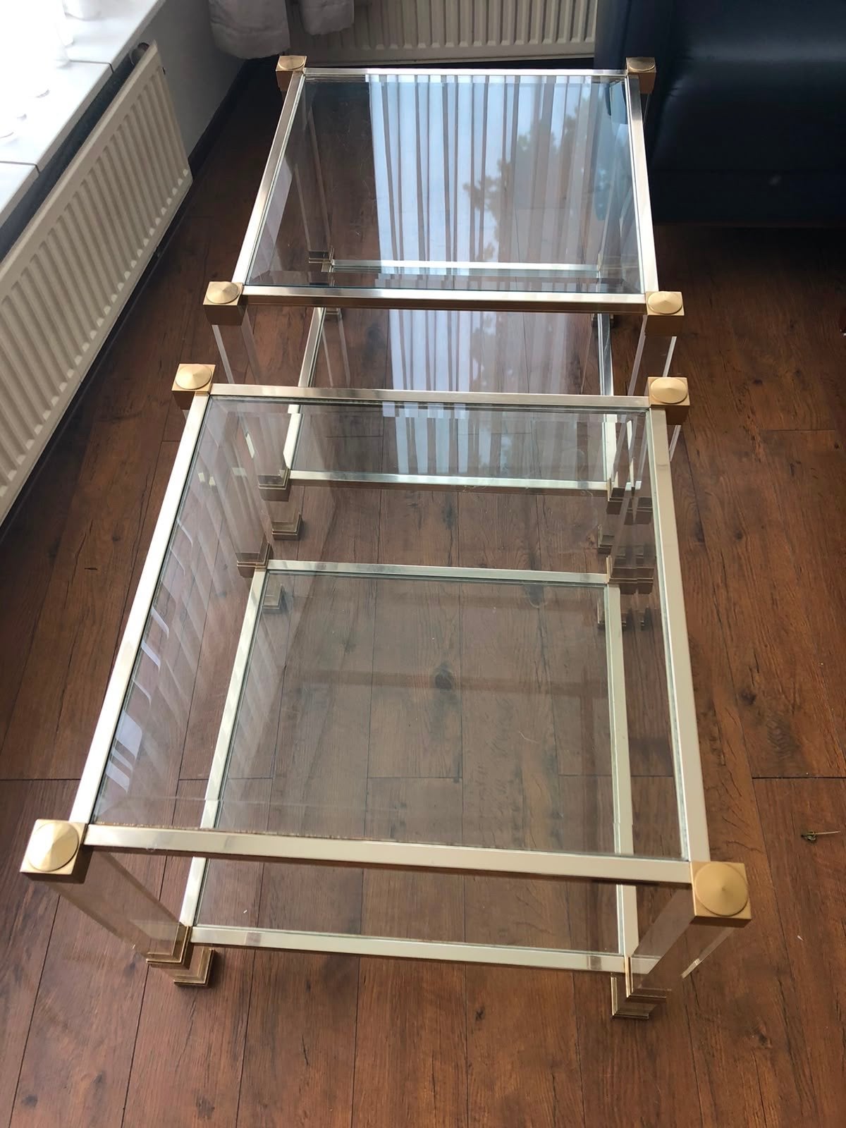 Pierre Vandel salontafel set - messing, glas, plexiglas, Ophalen, Gebruikt, 50 tot 100 cm, 100 tot 150 cm