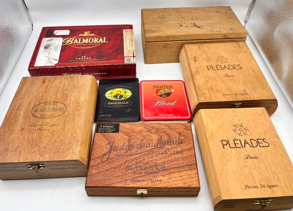 Partij vintage sigarenkistjes en blikken – diverse merken, Ophalen of Verzenden, Gebruikt, Tabaksdoos of Verpakking