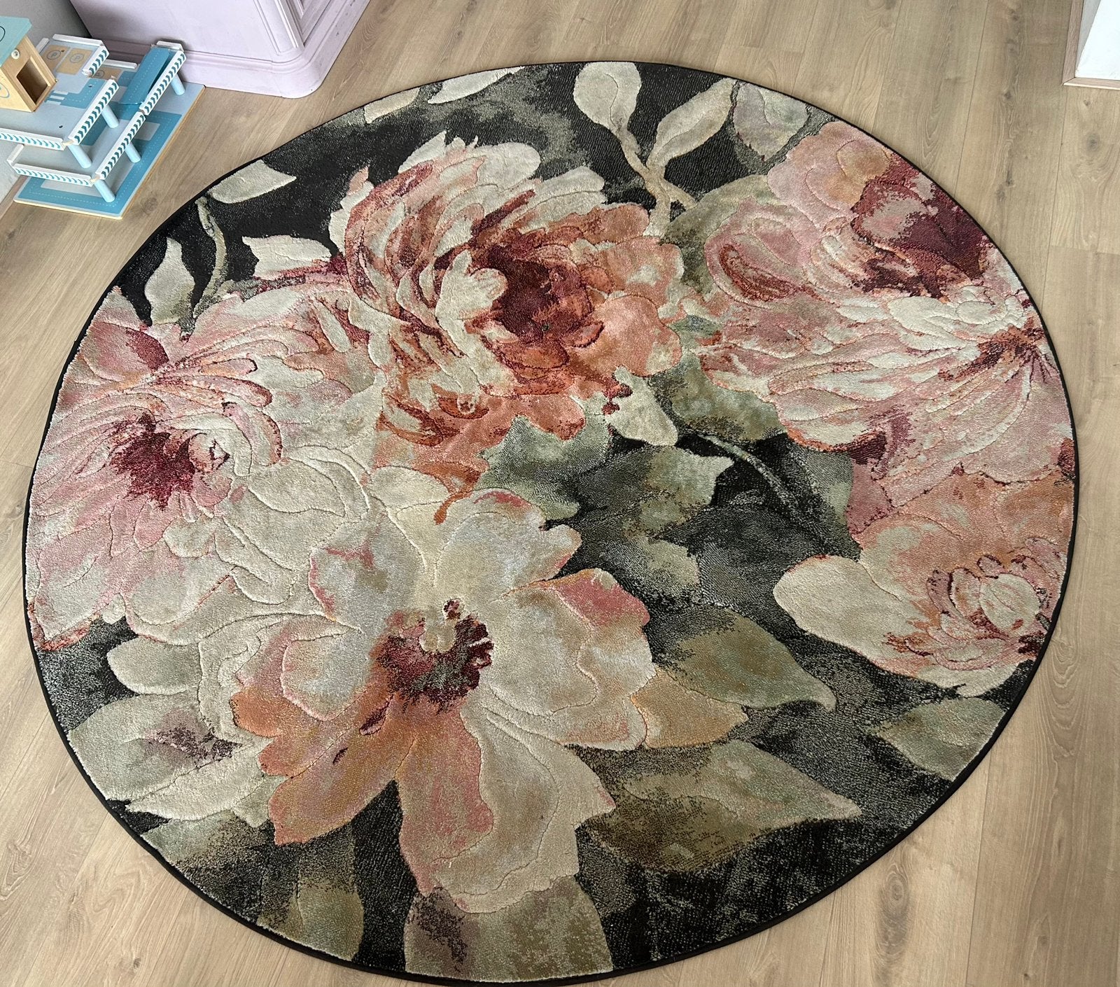 Vloerkleed rond met bloemen, Ophalen, Groen, Rond, 200 cm of meer
