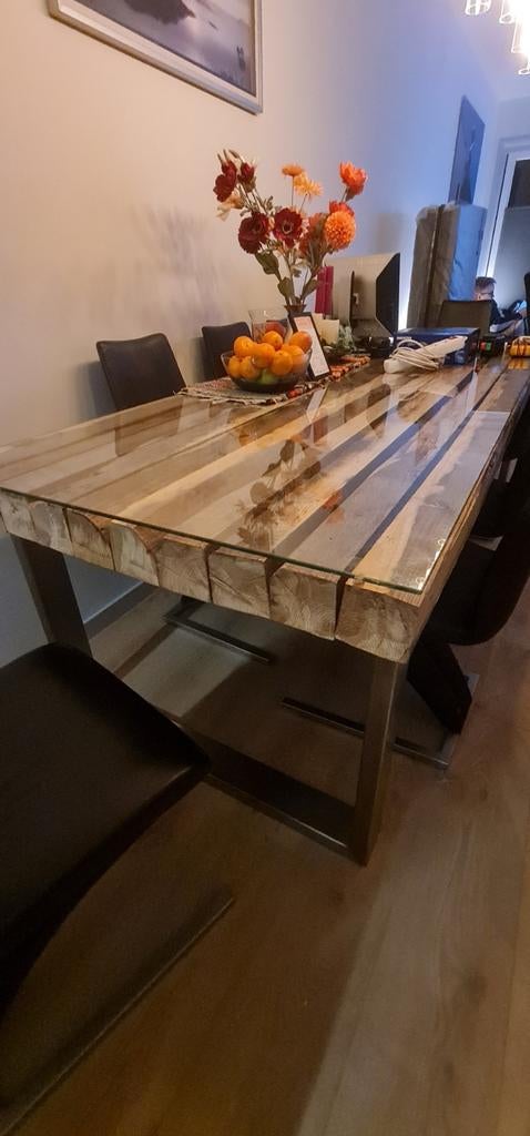 Robuuste RoFra Railway Tafel met Glazen Blad - 230x110 cm, Ophalen, Rechthoekig, 200 cm of meer, 100 tot 150 cm