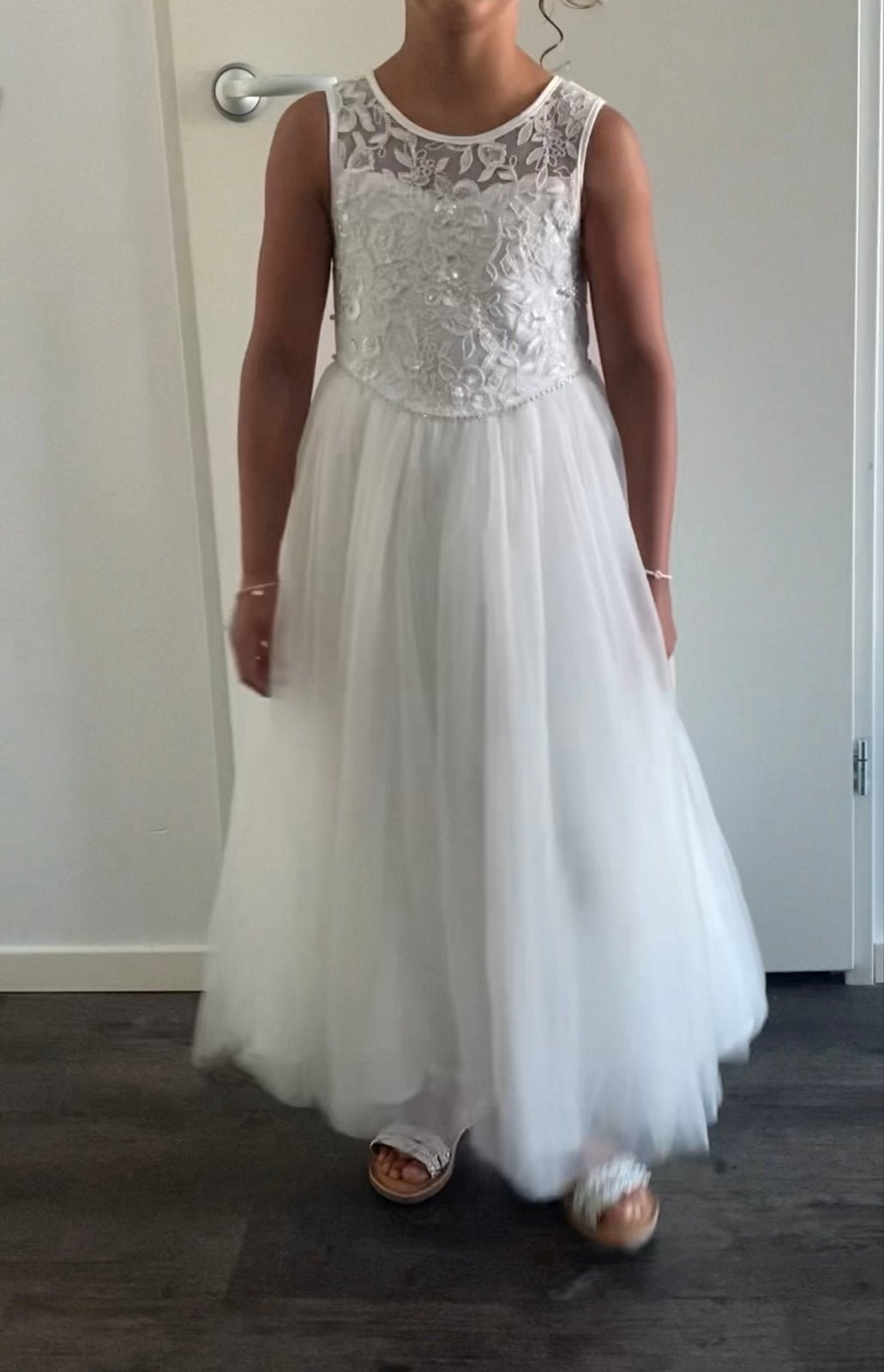Witte bruidsmeisje gala/communie jurk met kant en tule, Ophalen of Verzenden, Zo goed als nieuw, Meisje, Jurk of Rok