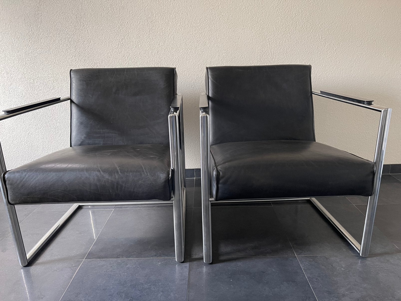 2 leren stoelen, Ophalen, Gebruikt, Zwart, Leer