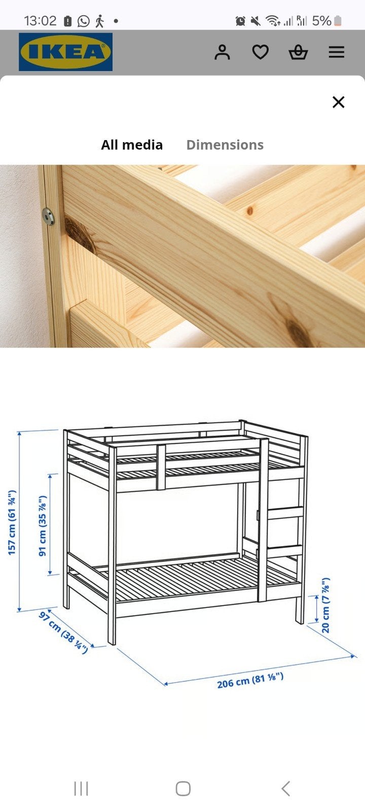Ikea Mydal kinder stapelbed met 2 matrassen 90x200, Ophalen, Gebruikt, 90 cm, 200 cm