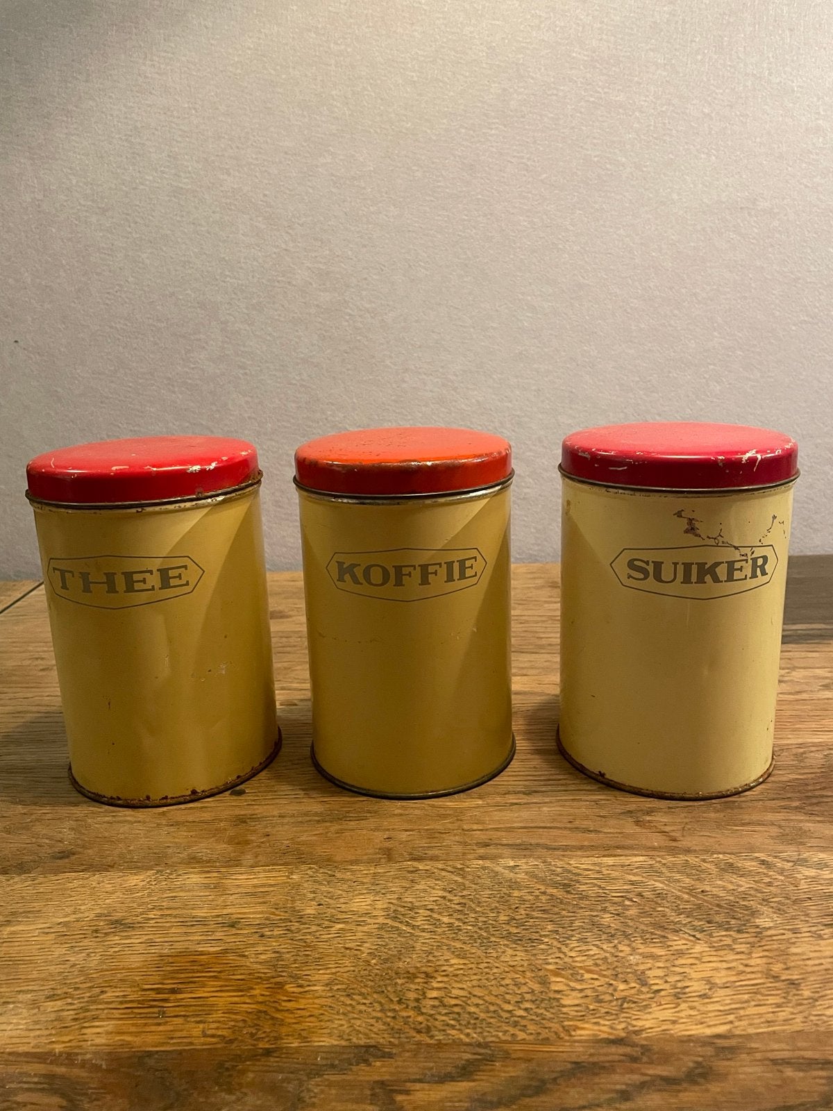 Vintage voorraadblikken: Thee, Koffie, Suiker (set van 3), Antiek en Kunst, Ophalen of Verzenden