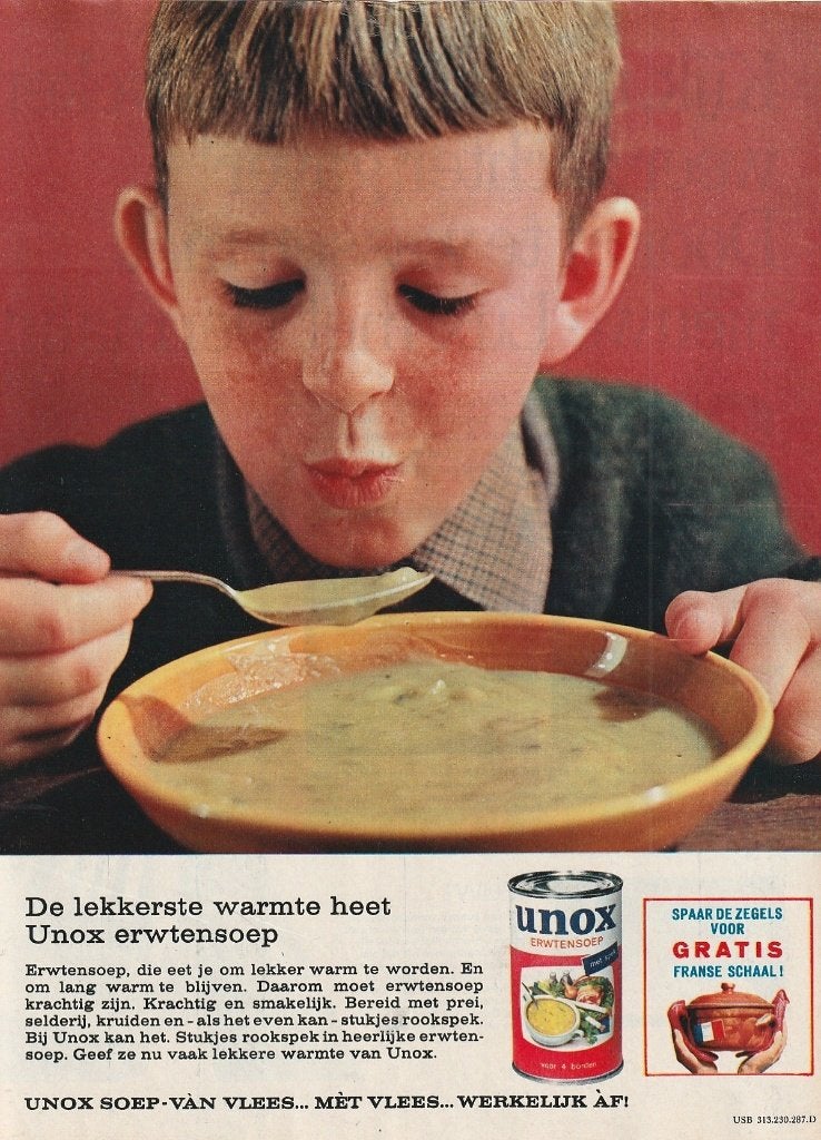 Retro reclame 1966 Unox erwtensoep jongetje korte pony, Verzamelen, Retro, Verzenden, Overige typen