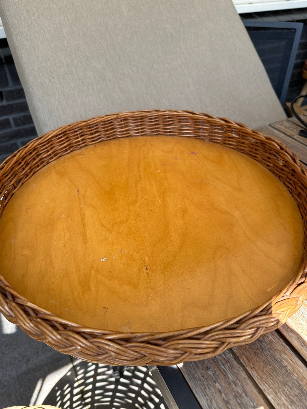 Rond rotan dienblad met houten bodem - 40 cm, Ophalen, Gebruikt, Natuurlijk materiaal, Rond