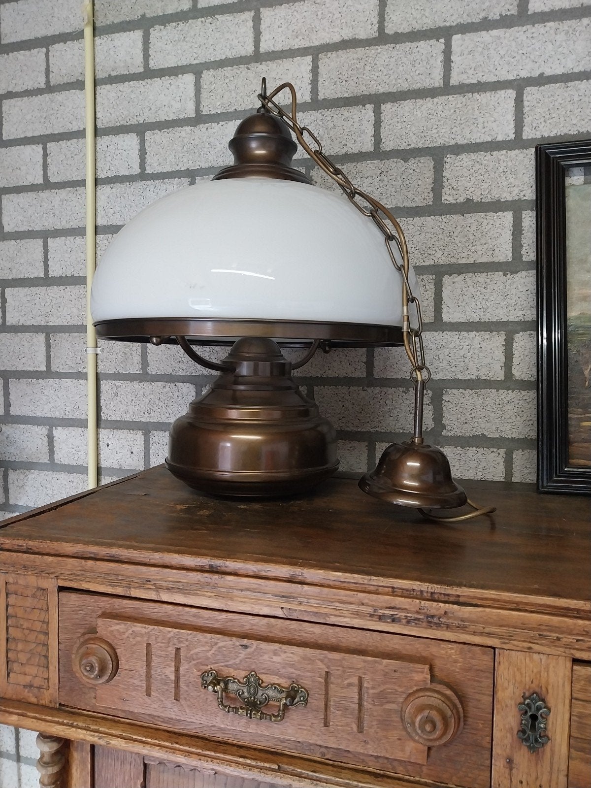 Vintage hanglamp met opaline glas en bronzen afwerking, Ophalen, Gebruikt, Vintage, Klassiek, E27 (groot)