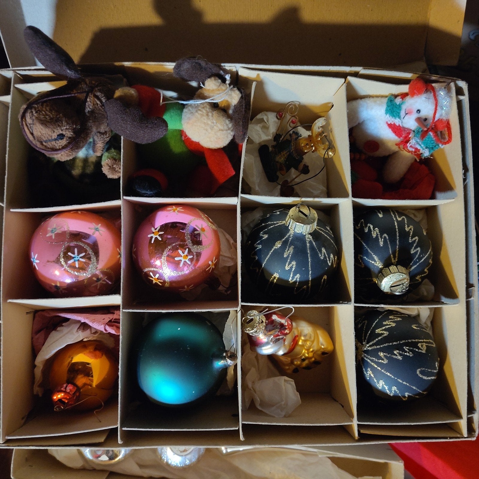Prachtige vintage kerstset: deukpiek, glazen kerstballen, Diversen, Ophalen of Verzenden, Gebruikt