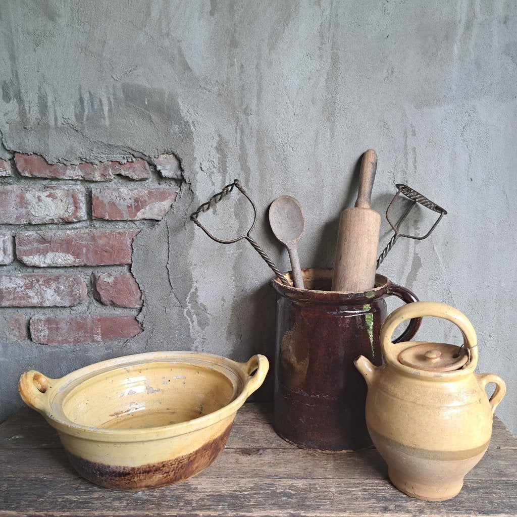 Oude brocante Franse aardewerk schaal pot pan geel *Etage3*, Gebruikt, ., Ophalen of Verzenden, .