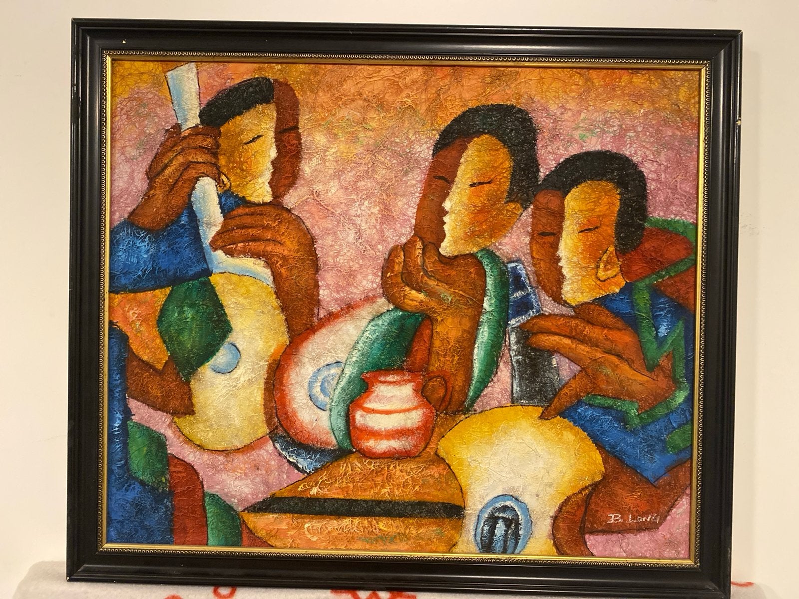 Harry Belong - Drie gitaristen aan tafel, mixed media, Ophalen of Verzenden, Gesigneerd, Gemengde techniek, Muziek