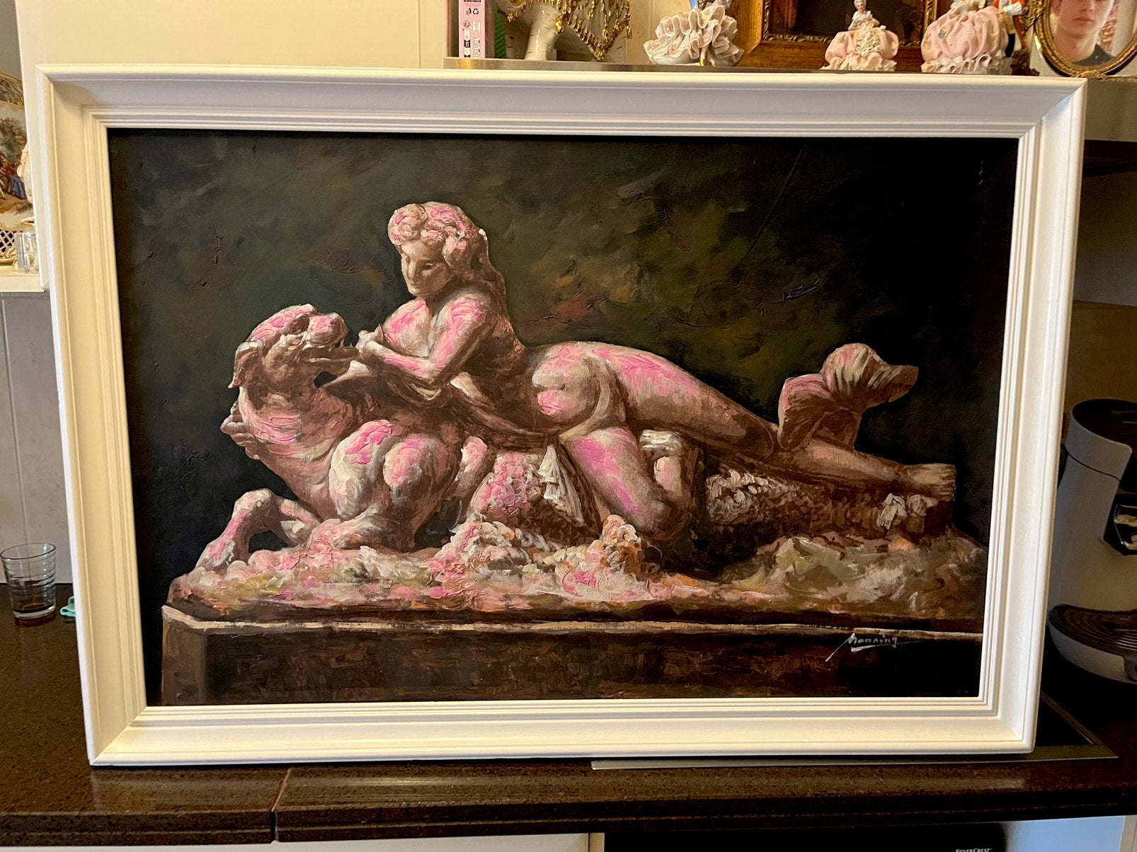 Groot olieverf schilderij vsn en marmeren beeld, Ophalen