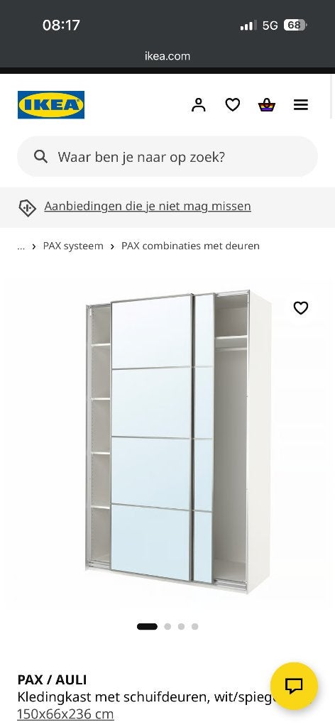 Enkele ikea pax schuifdeur met spiegels, Ophalen, 100 tot 150 cm, 200 cm of meer, Wit