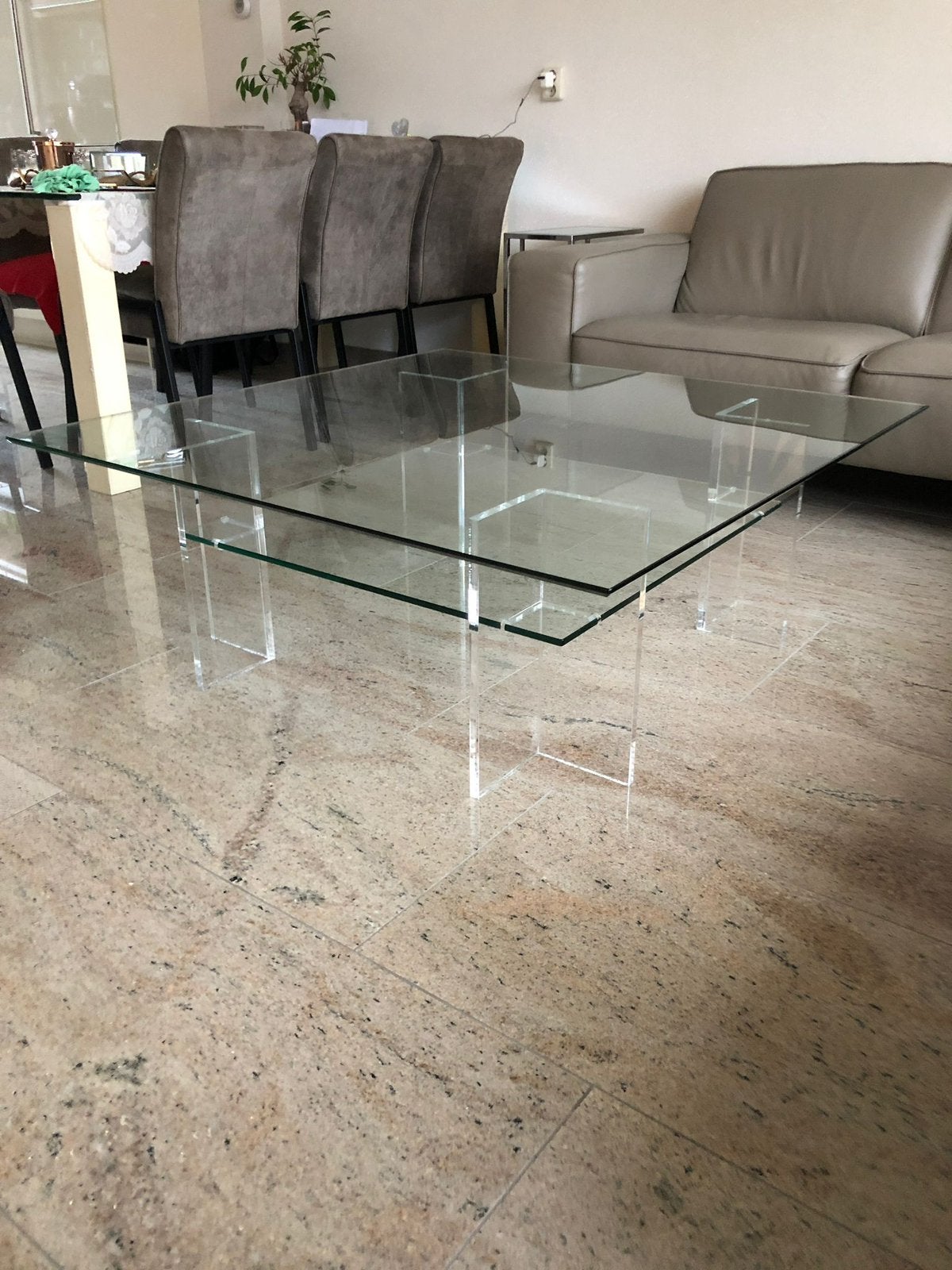Glazen design salontafel 110x110cm, Ophalen, 100 tot 150 cm, Vierkant, 50 tot 100 cm