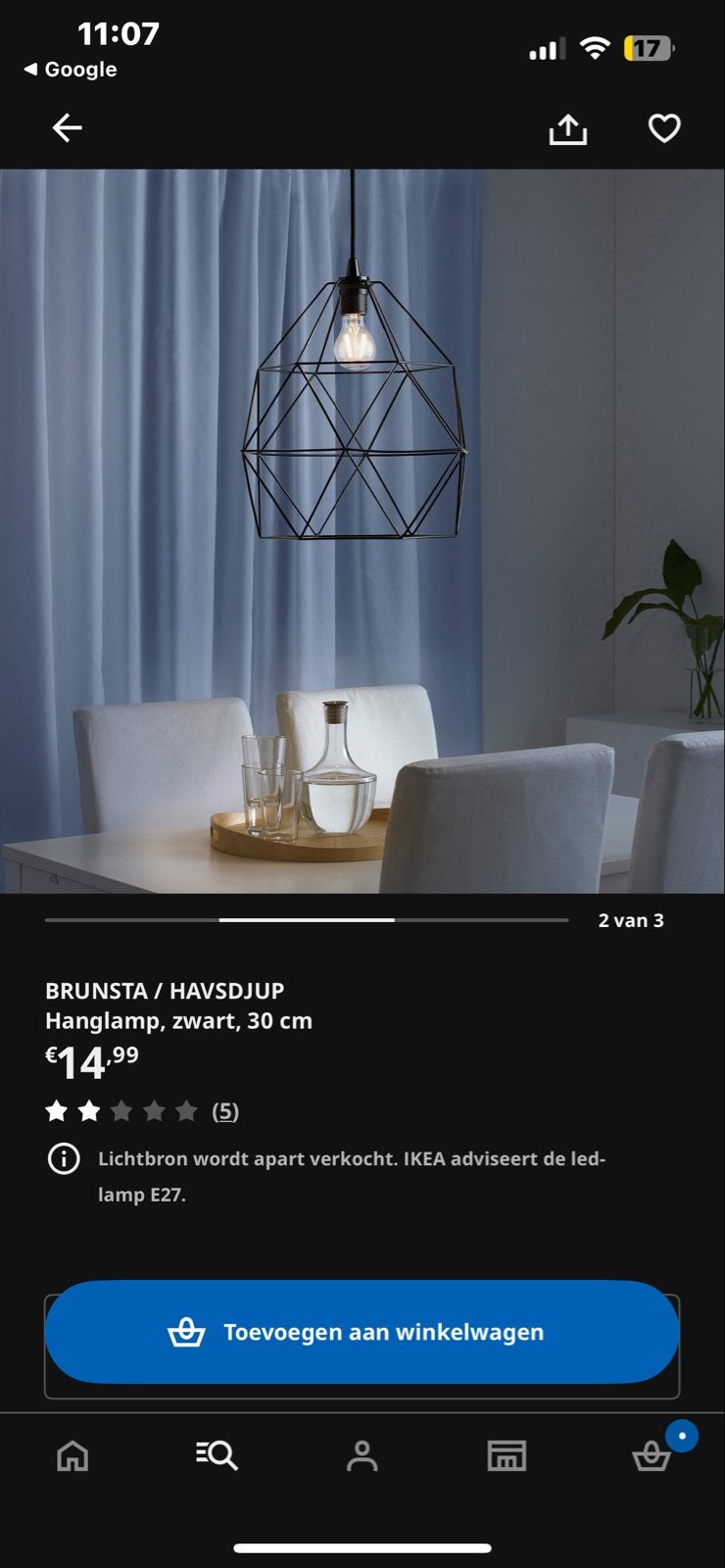 IKEA BRUNSTA / HAVSDJUP Hanglamp, zwart, 30 cm, Ophalen of Verzenden, Zo goed als nieuw, Metaal, Minder dan 50 cm