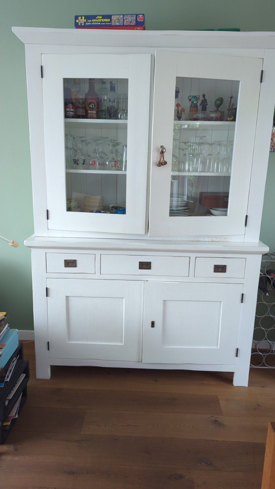 Vintage buffetkast/vitrinekast met 4 deuren en 3 lades, Ophalen, Gebruikt, 100 tot 150 cm, Vintage