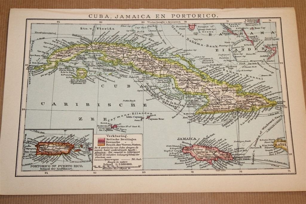Antieke kaart - Cuba, Jamaica en Puerto Rico - Ca 1900, Ophalen of Verzenden, 1800 tot 2000, Nederland, Landkaart
