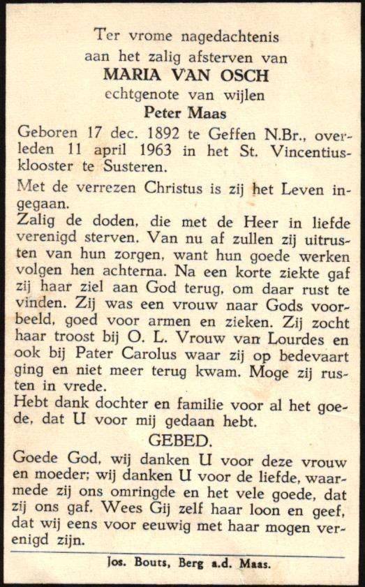 Osch van Maria Geffen 1892-1963 Susteren, Verzamelen, Bidprentjes en Rouwkaarten, Ophalen of Verzenden