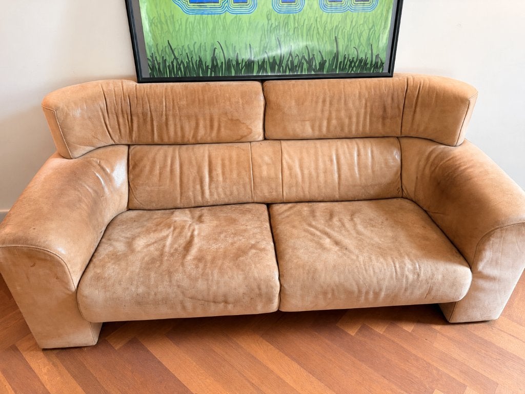 Ruime leren bank cognac 250 cm – opknapper, Ophalen, Gebruikt, 100 tot 125 cm, Lerenbank