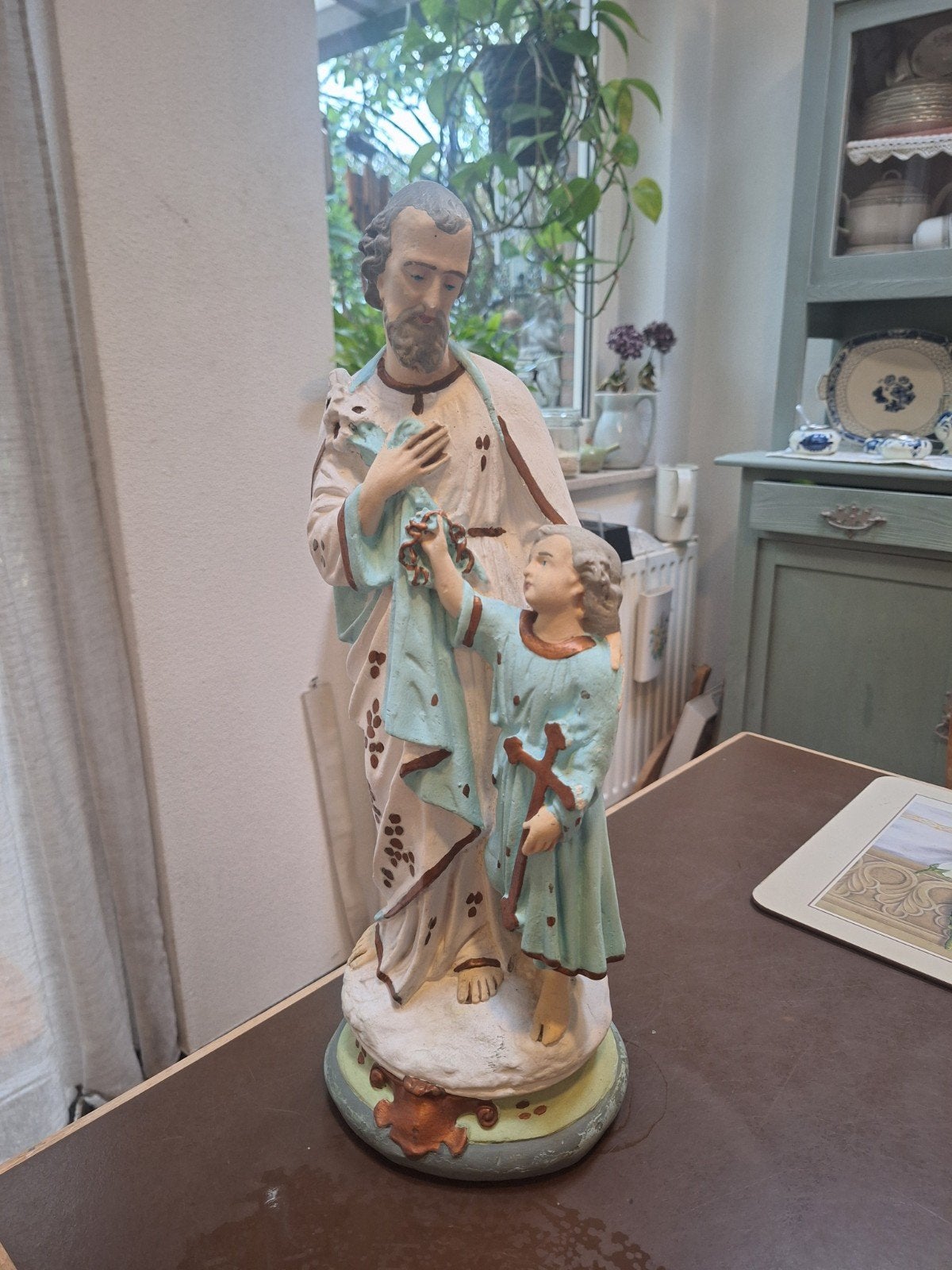 Antiek beeld Jozef met kind, 46 cm hoog, Ophalen of Verzenden