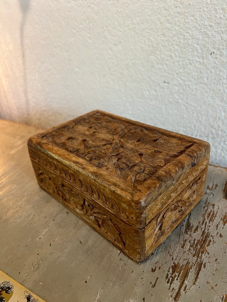 Vintage houten bewerkt kistje bohemian sieradenkistje doosje, Minder dan 50 cm, Teakhout, Minder dan 50 cm, Ophalen of Verzenden