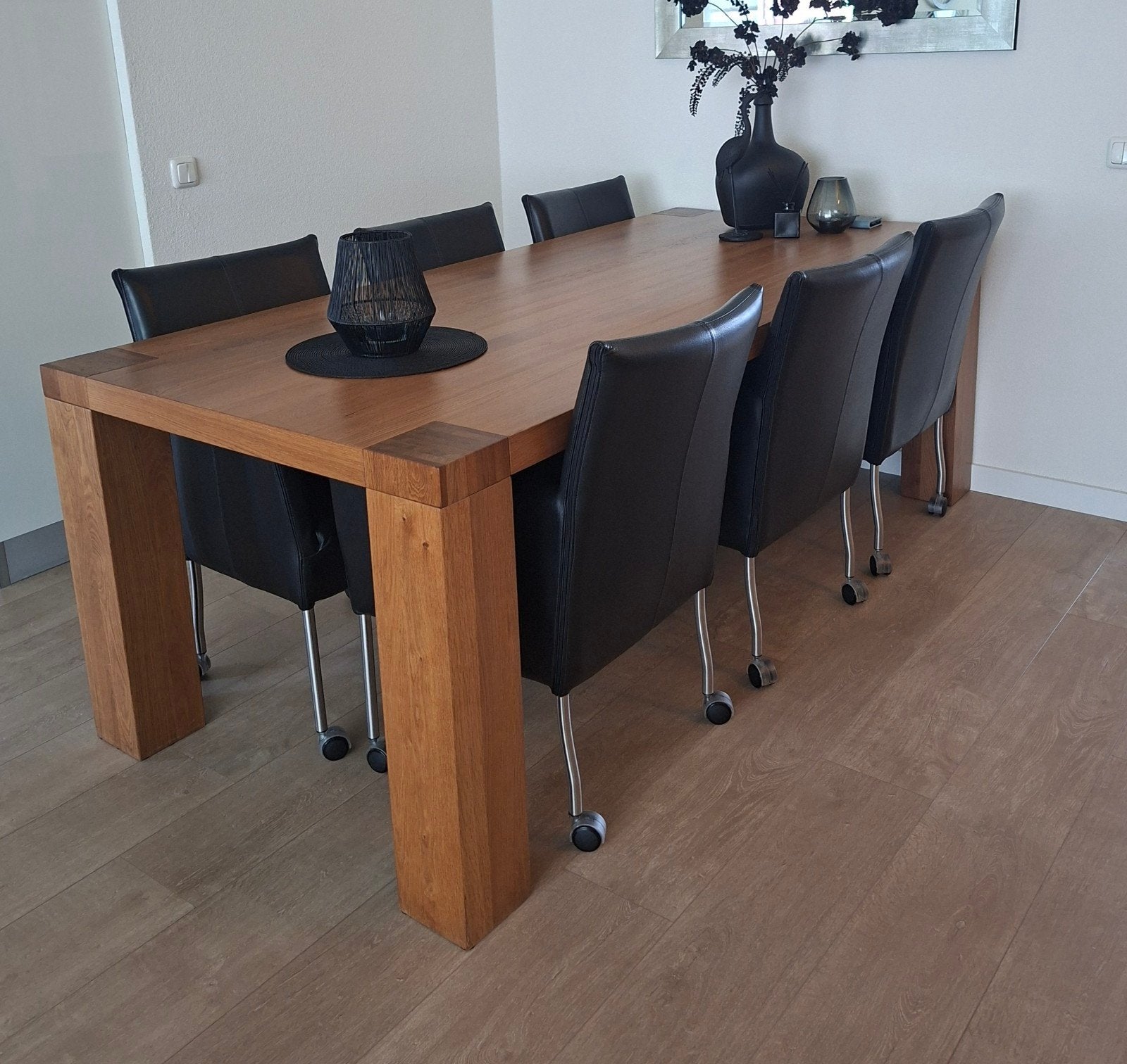 Te koop gestoomd eiken eethoek met 6 leren stoelen izgst, Huis en Inrichting, Ophalen, Eikenhout, 200 cm of meer, 50 tot 100 cm