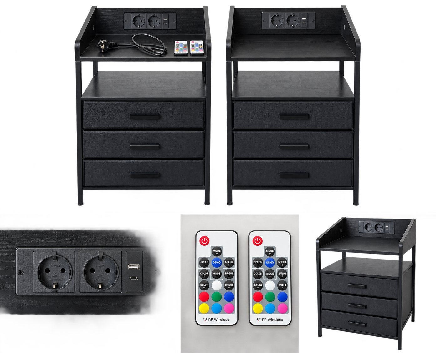 2 Nachtkastjes met Stopcontacten, USB, USB-C & LED Verlichti, Minder dan 45 cm, Nieuw, Hout, 55 tot 70 cm