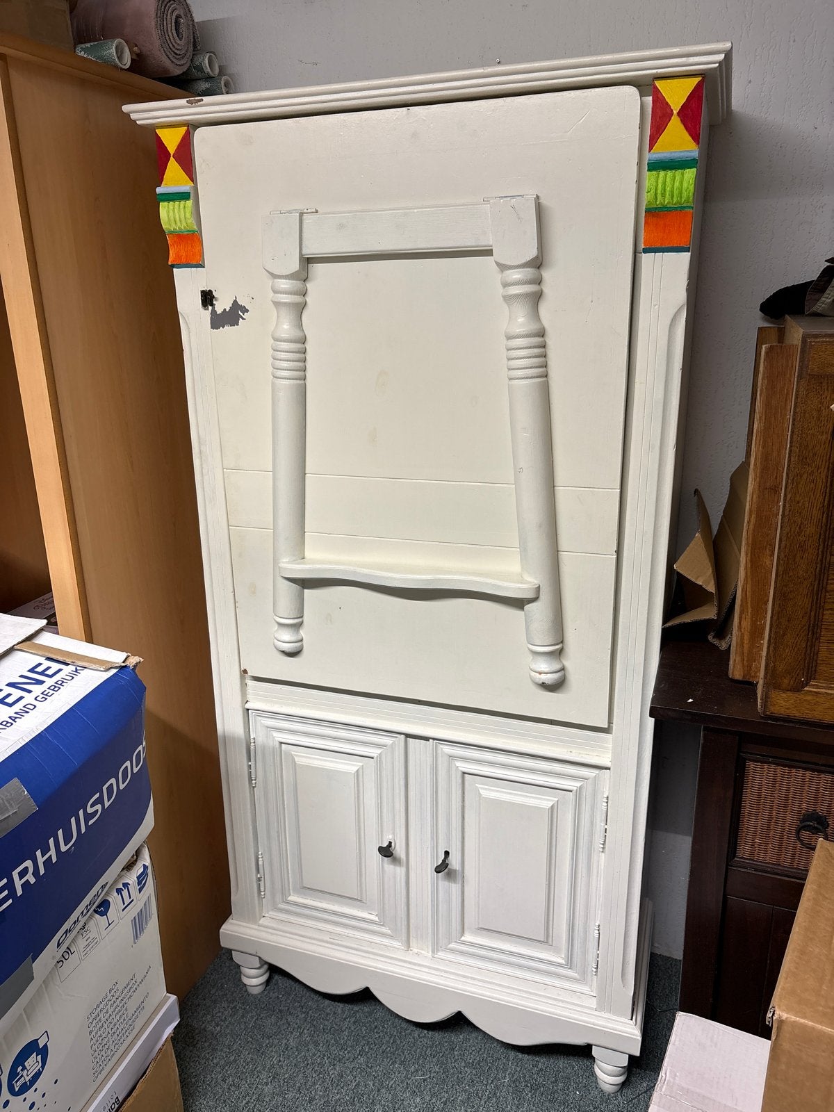 Wit bureau-kast combinatie met opklapbaar blad, Ophalen, Opbergruimte, Gebruikt, Hout